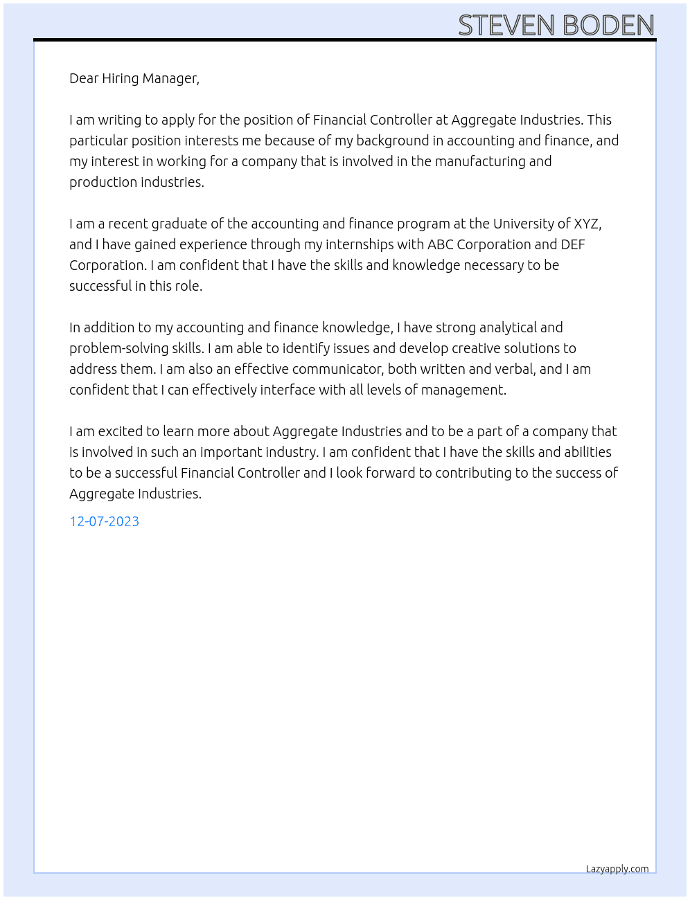 Financial Controller At Aggregate Industries Cover Letter