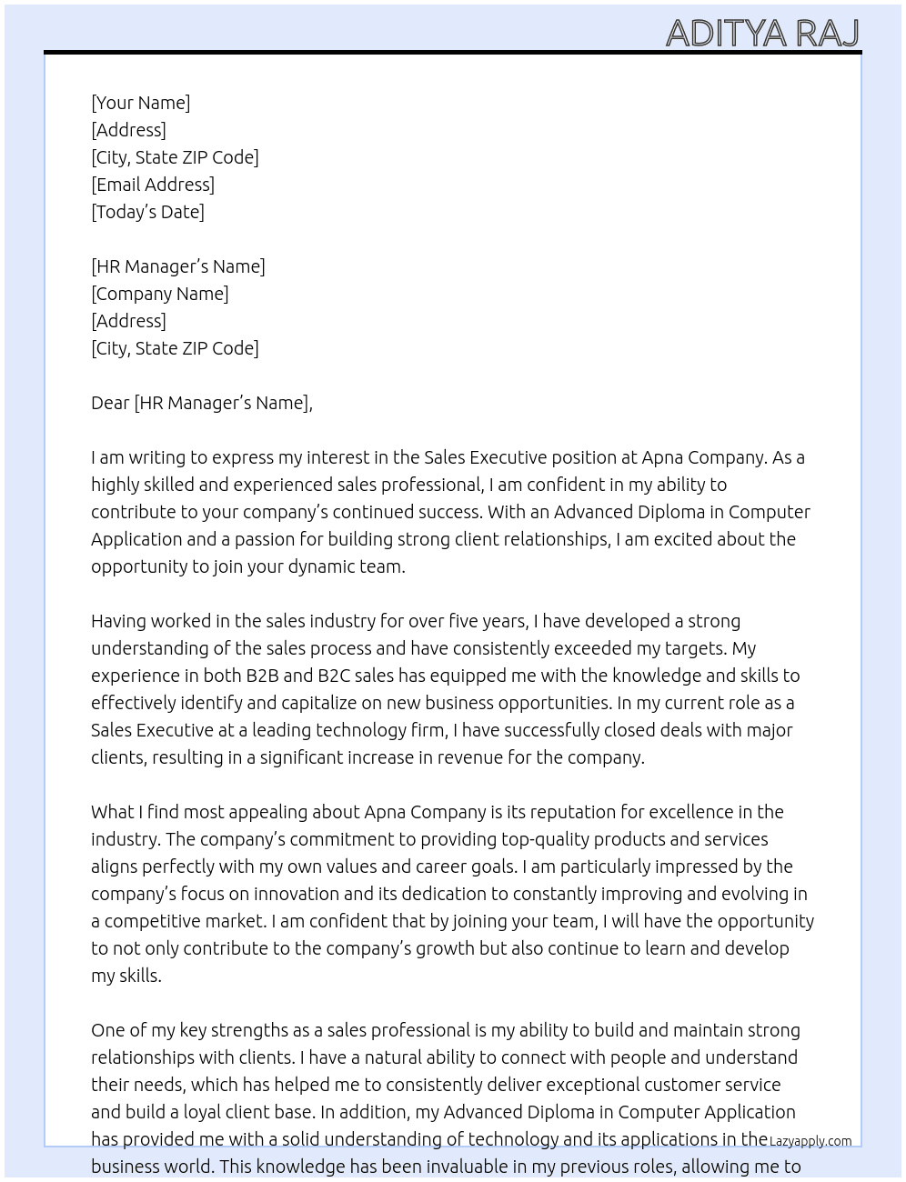 Sales Executive  At Apna Company Cover Letter