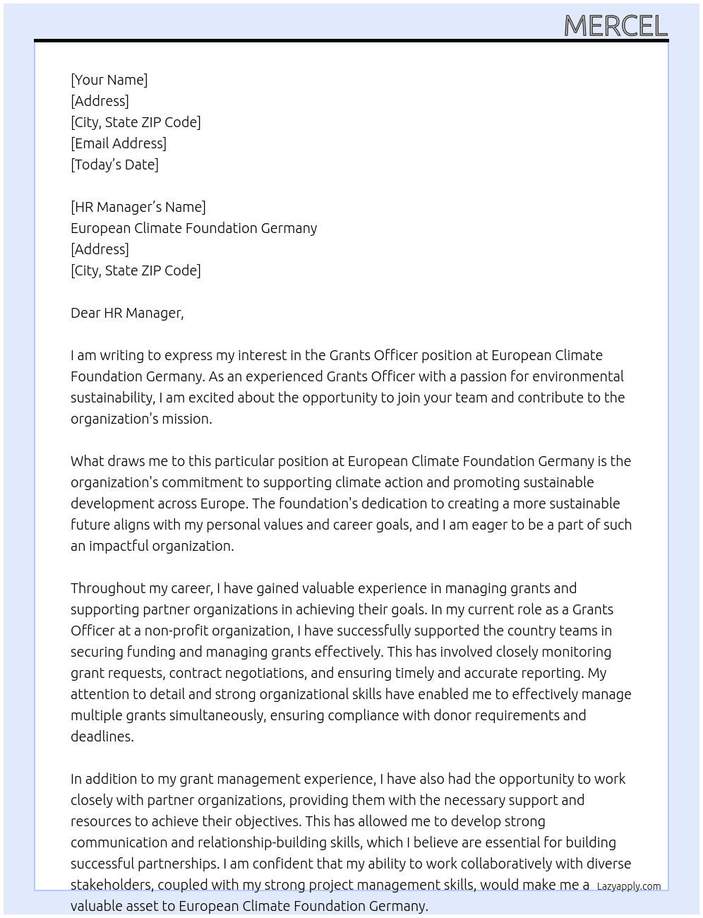 Grants Officer At European Climate Foundation Germany Cover Letter
