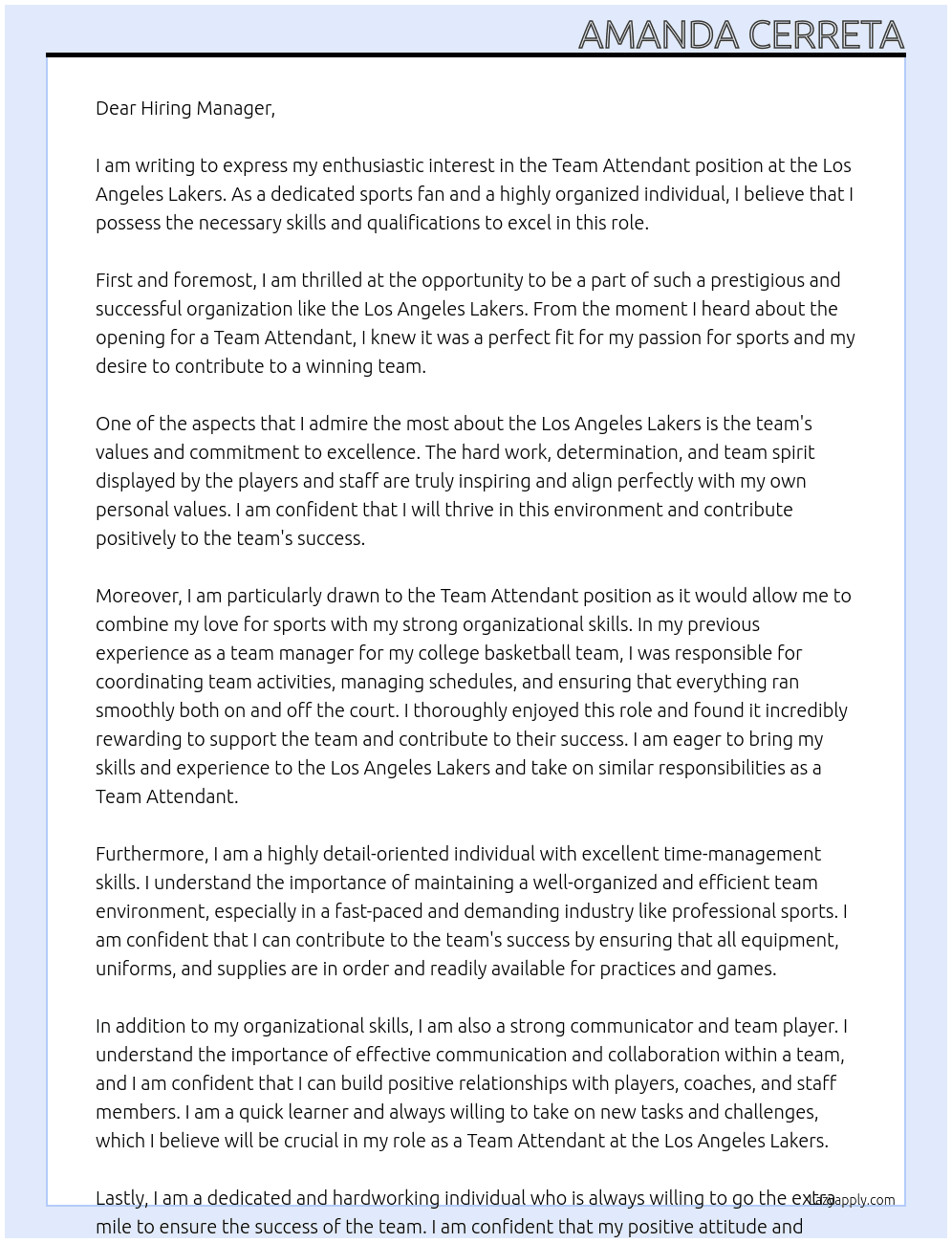 Team Attendant At Los Angeles Lakers Cover Letter