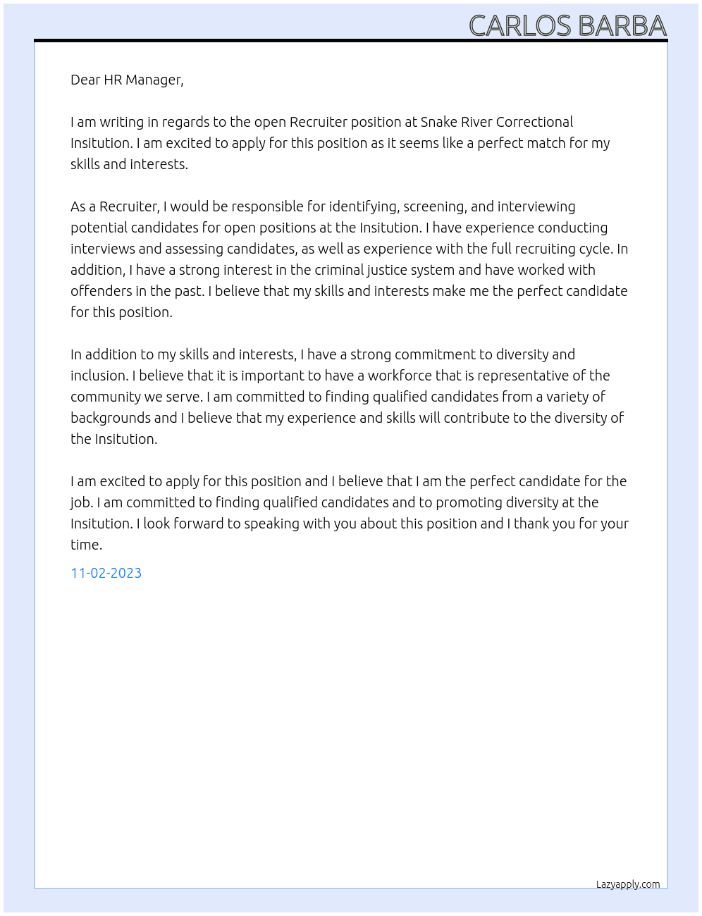 Recruiter At Snake River Correctional Insitution  Cover Letter