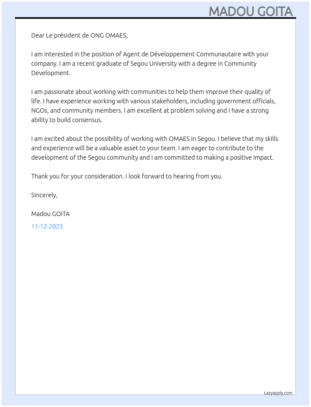 Agent de Développement Communautaire  At OMAES Cover Letter