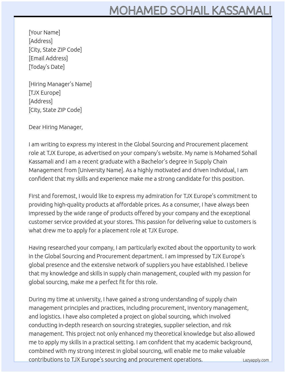 Global Sourcing and Procurement At TJX Europe Cover Letter