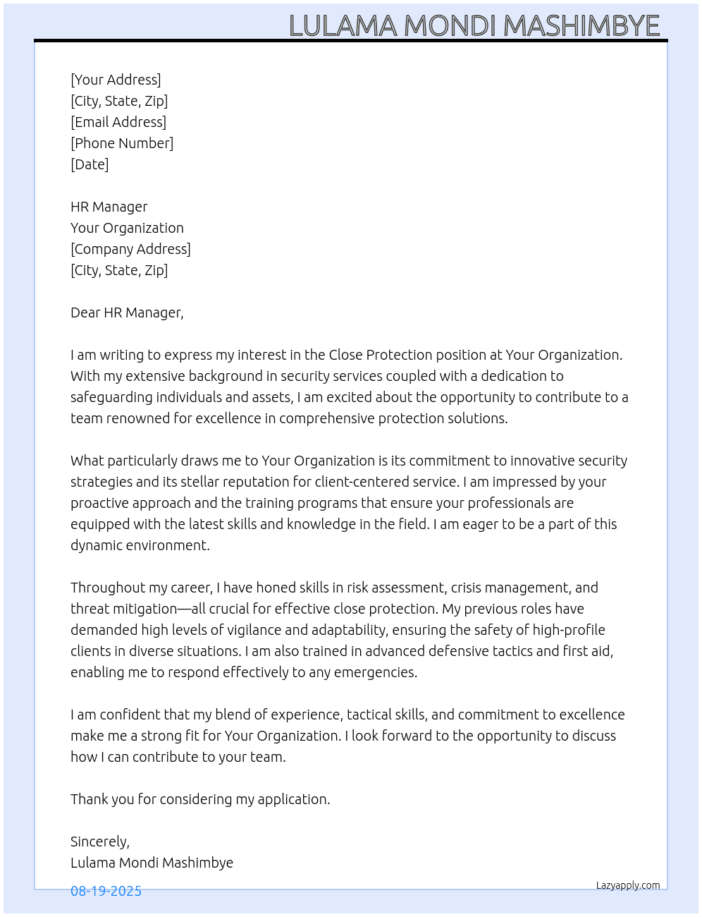 Cover letter for close protection - LazyApply