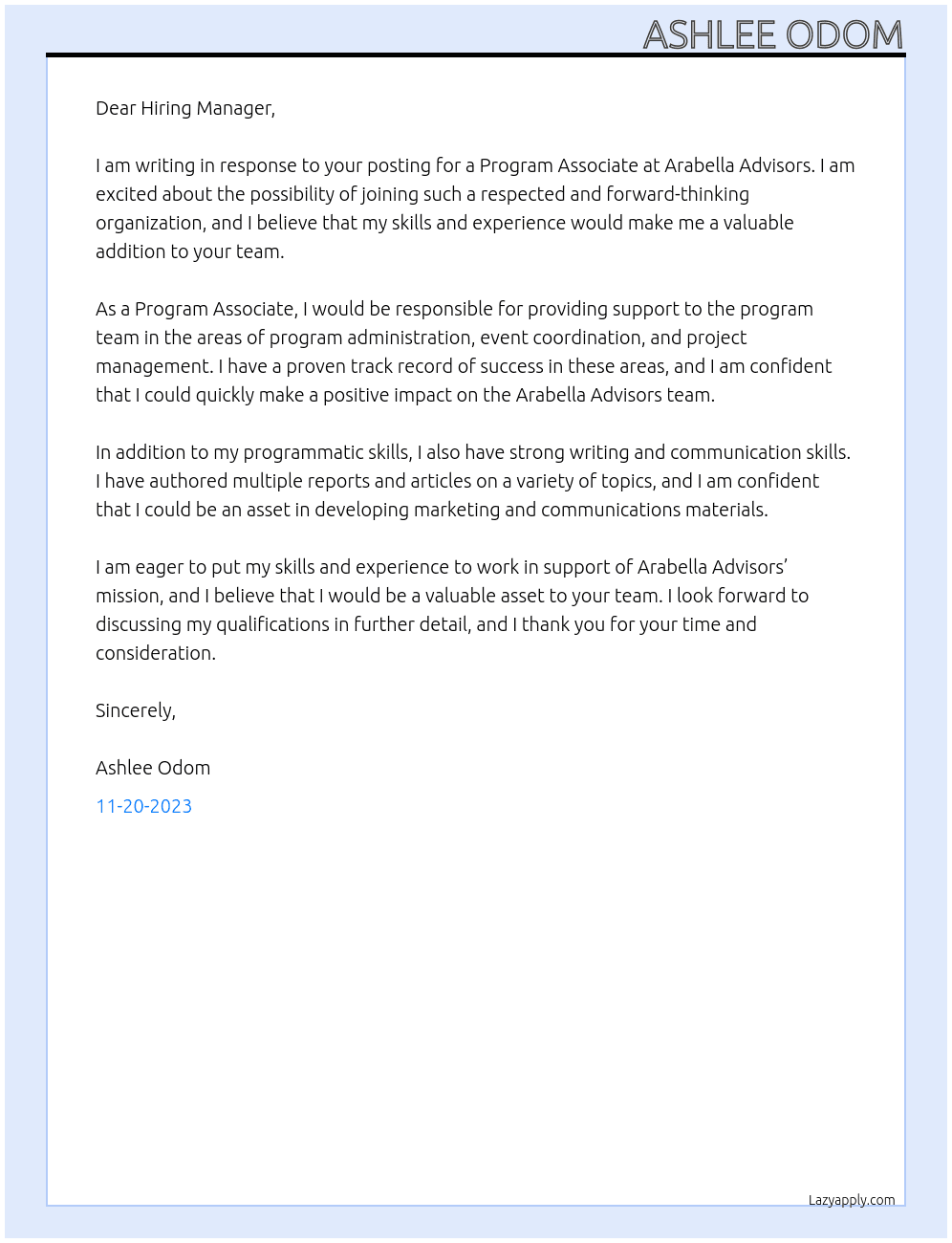 Program Associate At Arabella Advisors Cover Letter