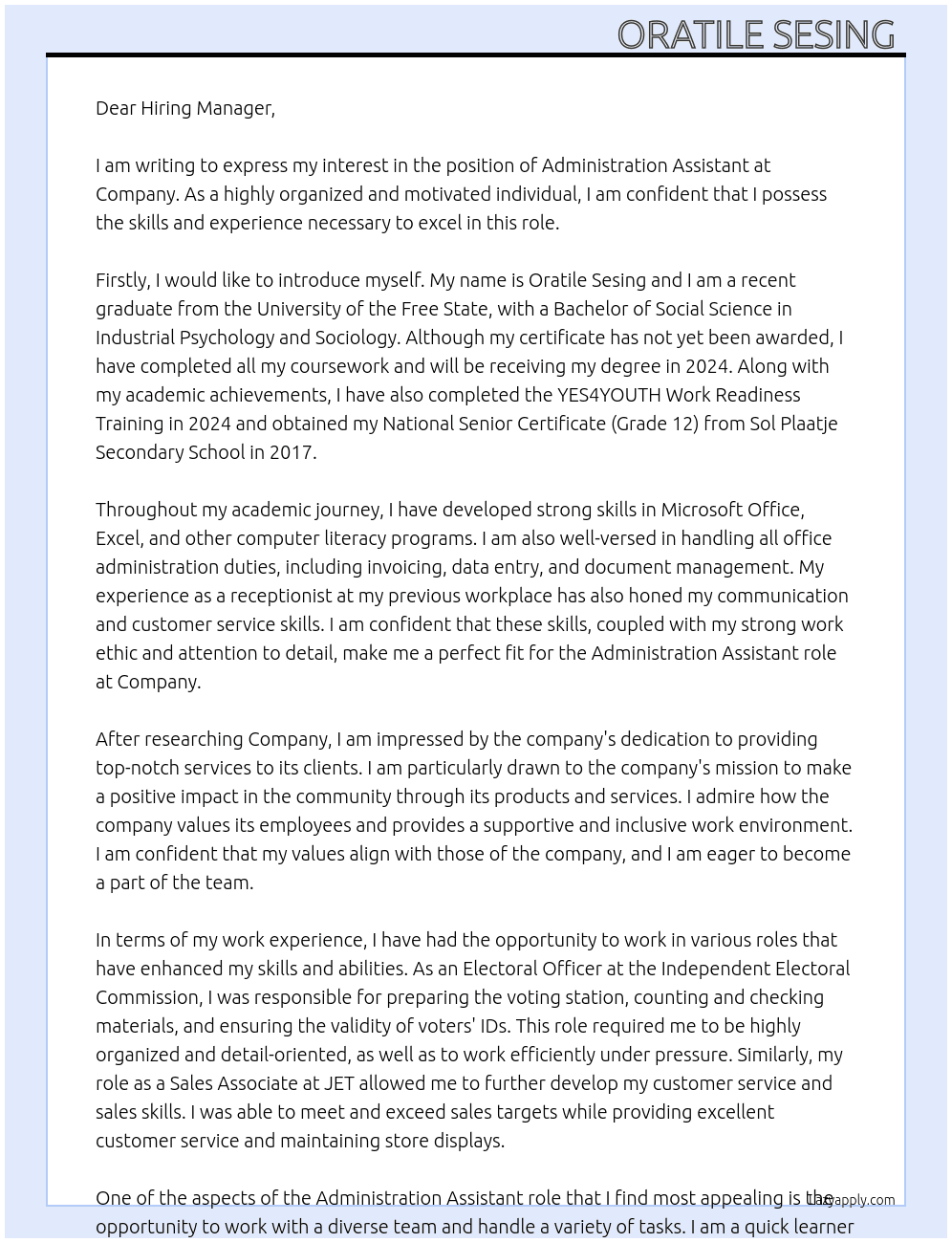 Administration assistant  At compnay Cover Letter