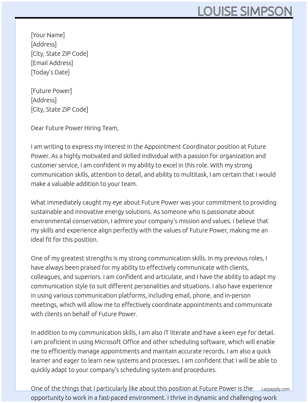 Appointment Coordinator At future Power Cover Letter