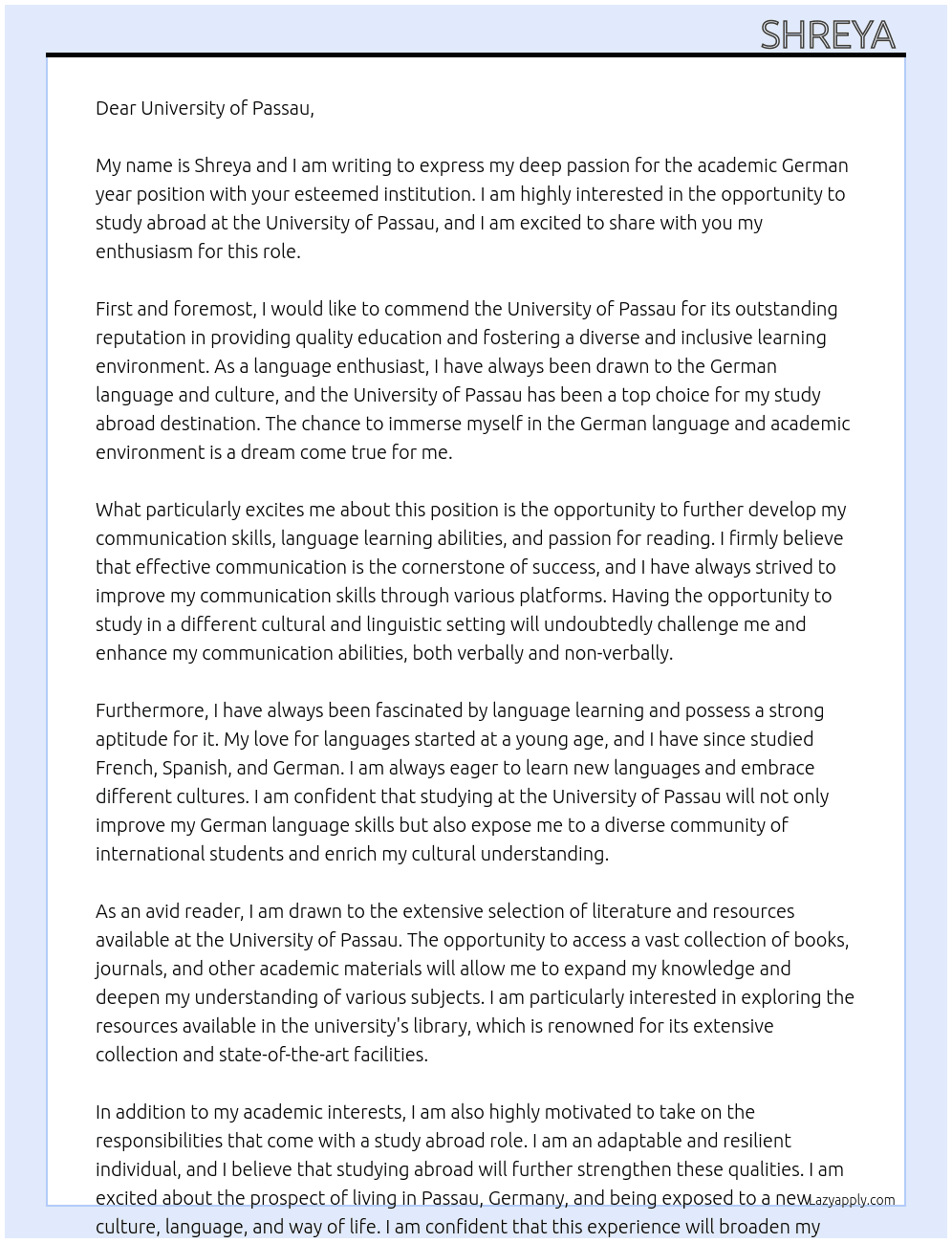 Academic German Year  At University of passau Cover Letter