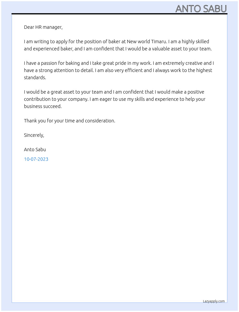 Baker At New world Timaru Cover Letter