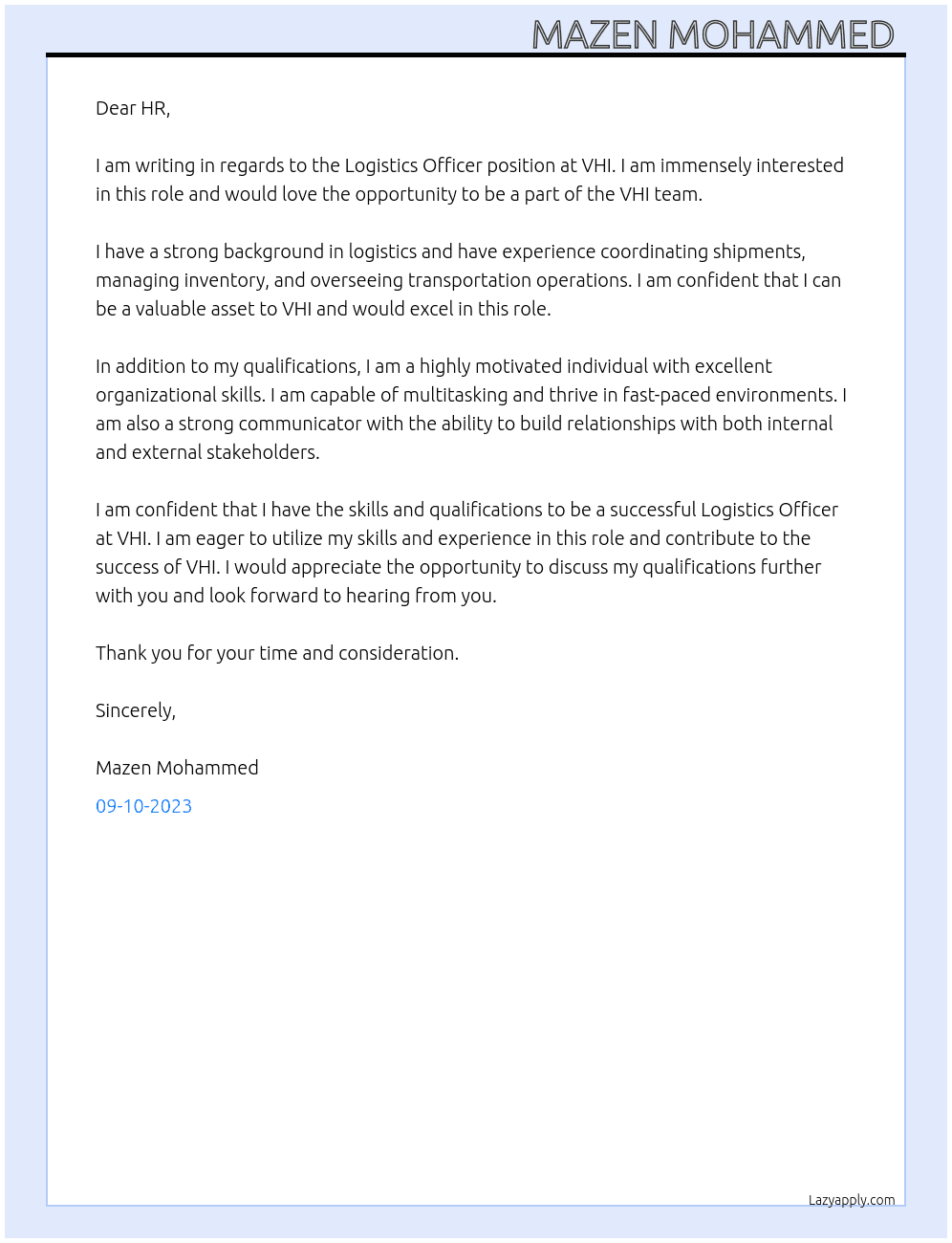 logistic officer At VHI Cover Letter