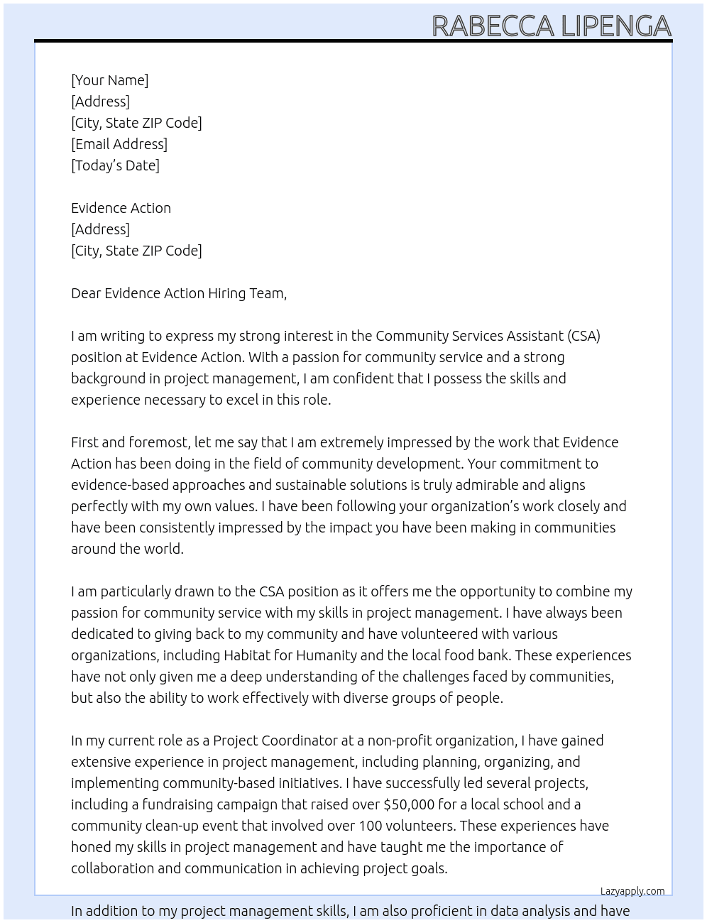 Community Services Assistant (CSA) At Evidence Action Cover Letter