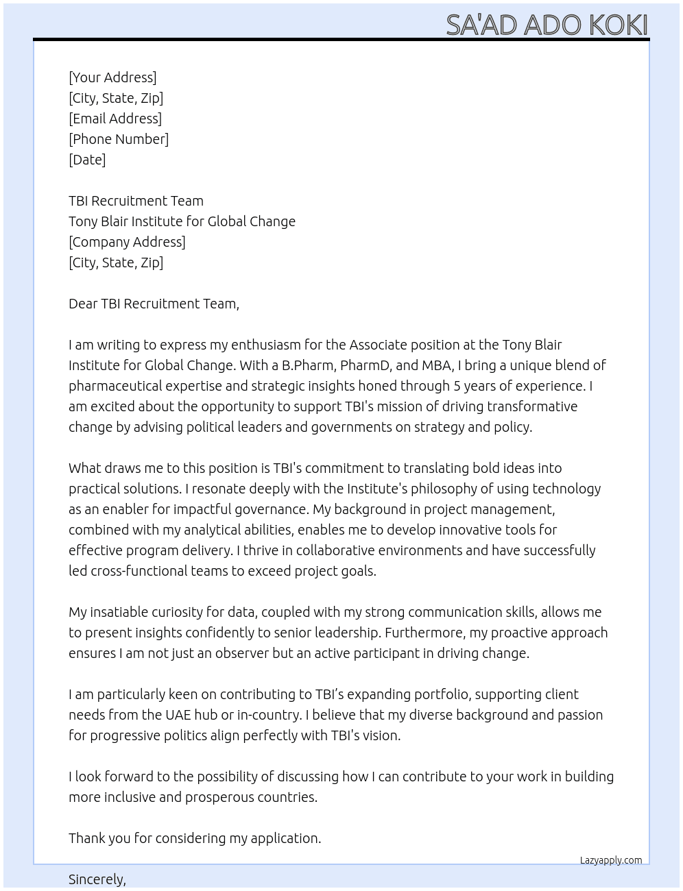 Associate At Tony Blair Institute for Global Change (TBI) Cover Letter