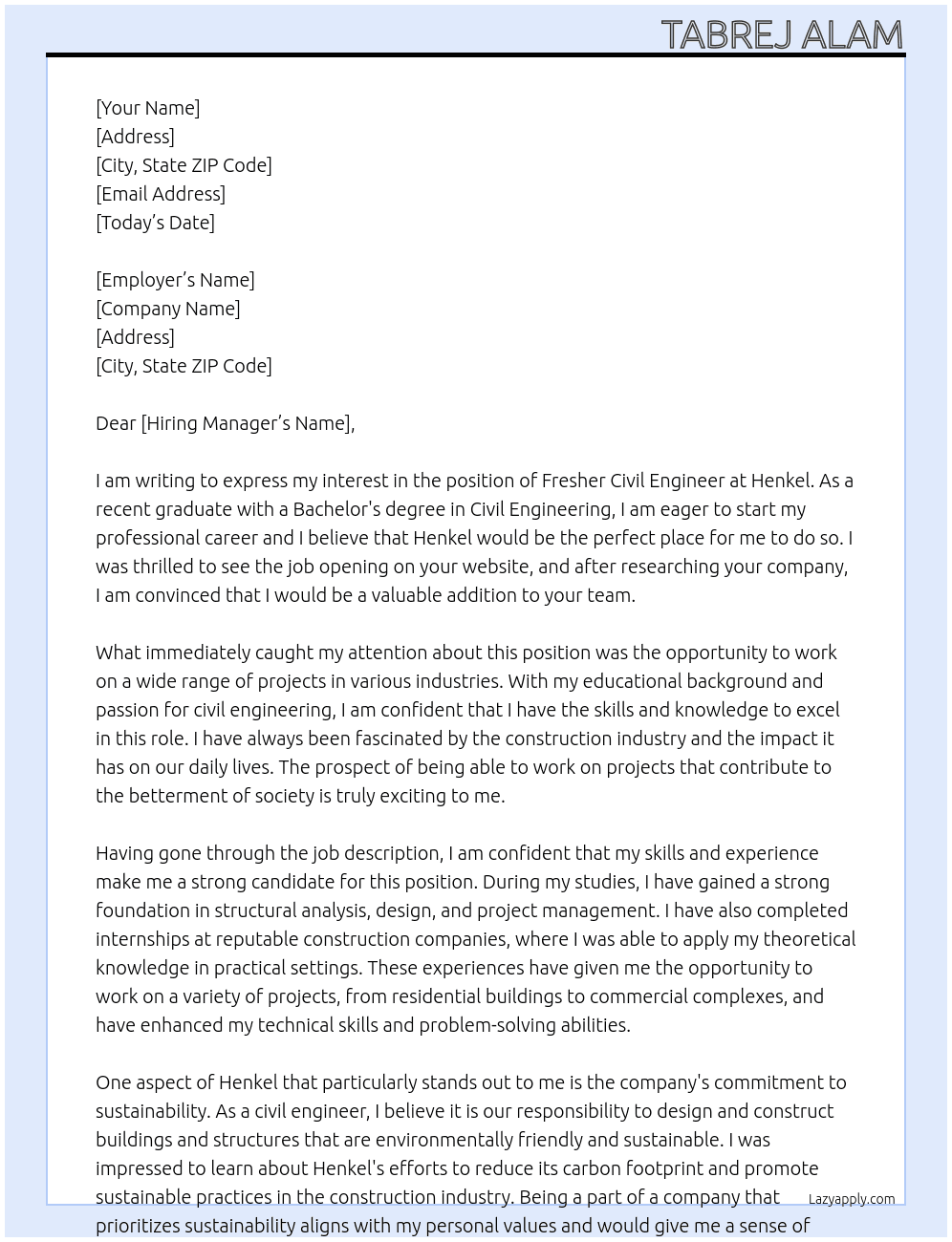 Fresher Civil engineer At Henkel  Cover Letter