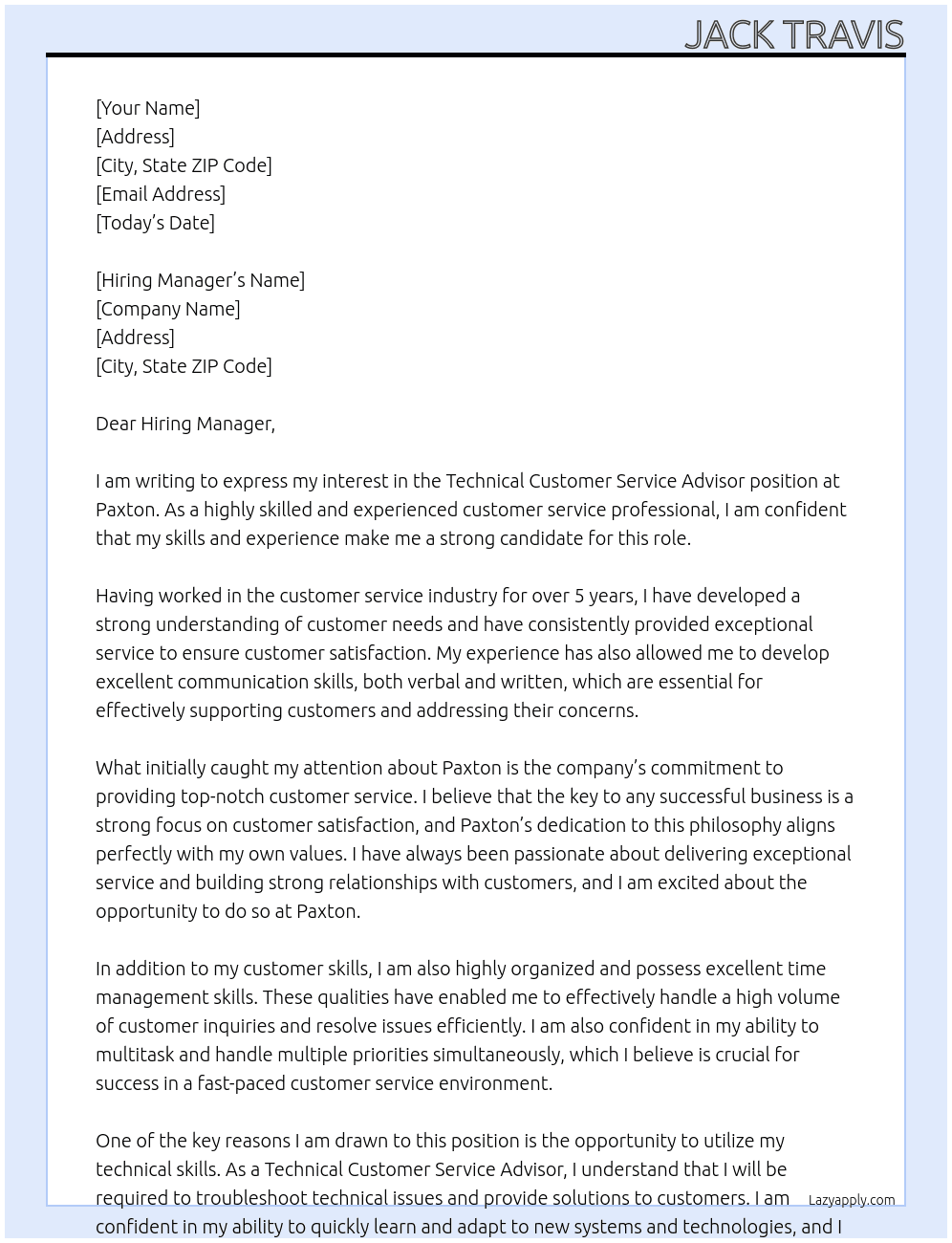 Technical Customer Service Advisor At Paxton Cover Letter