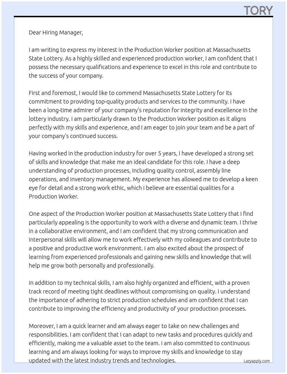 Production Worker At Massachusetts State Lottery  Cover Letter