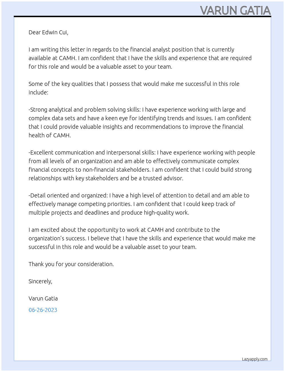 Financial Analyst At CAMH Cover Letter