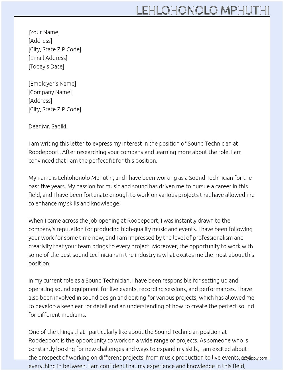 Sound Technician  At Roodepoort  Cover Letter