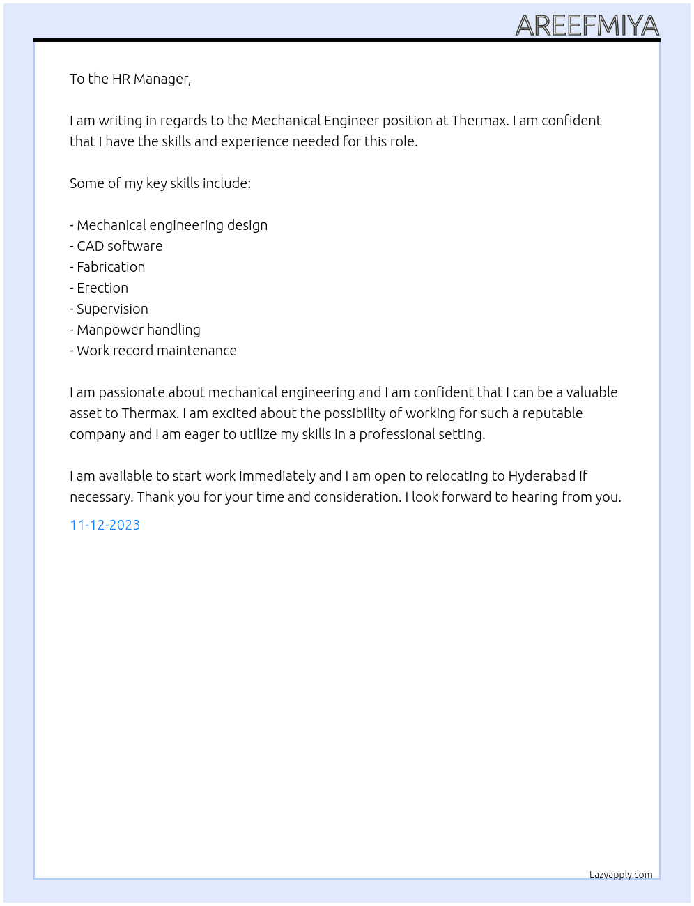 Mechanical Engineer At Thermax Cover Letter