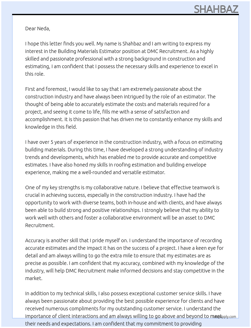 Building Materials estimator At DMC recruitment Cover Letter