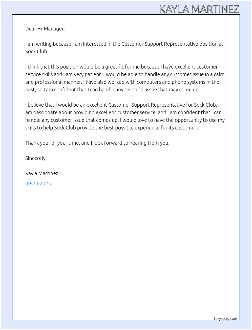 Customer Support Representative At Sock Club Cover Letter