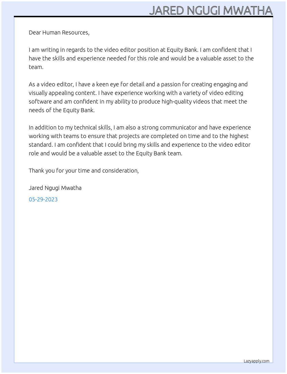 video editor At Equity Bank Cover Letter
