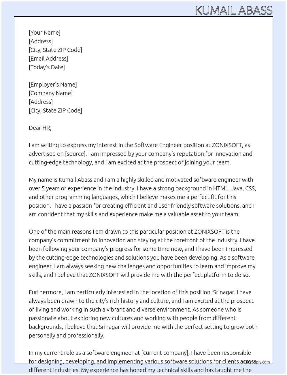 Software engineer  At ZONIXSOFT Cover Letter