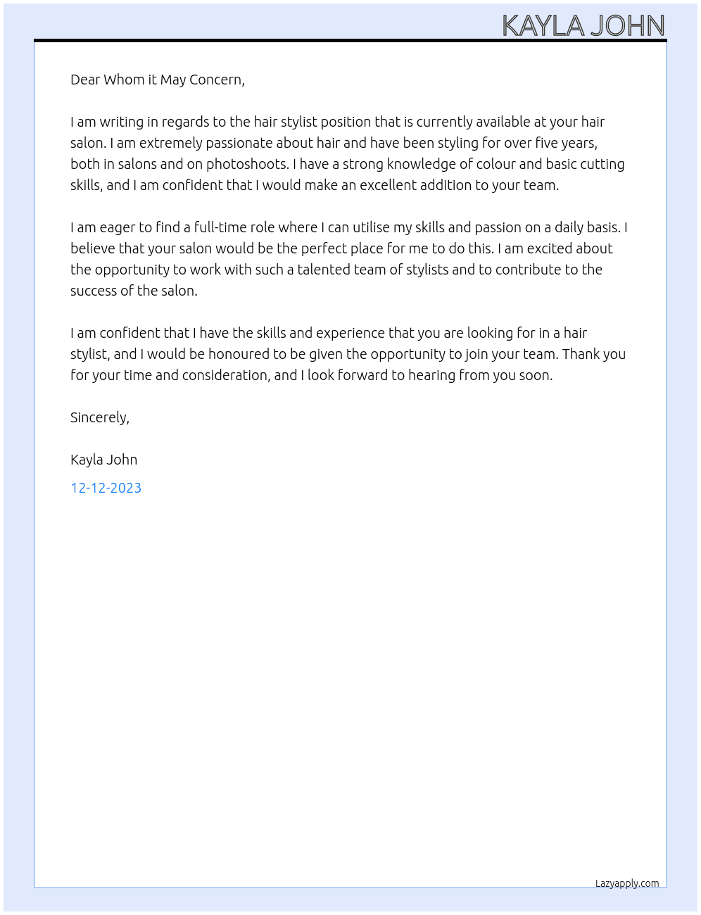 Hairdresser  At Hair salon Cover Letter