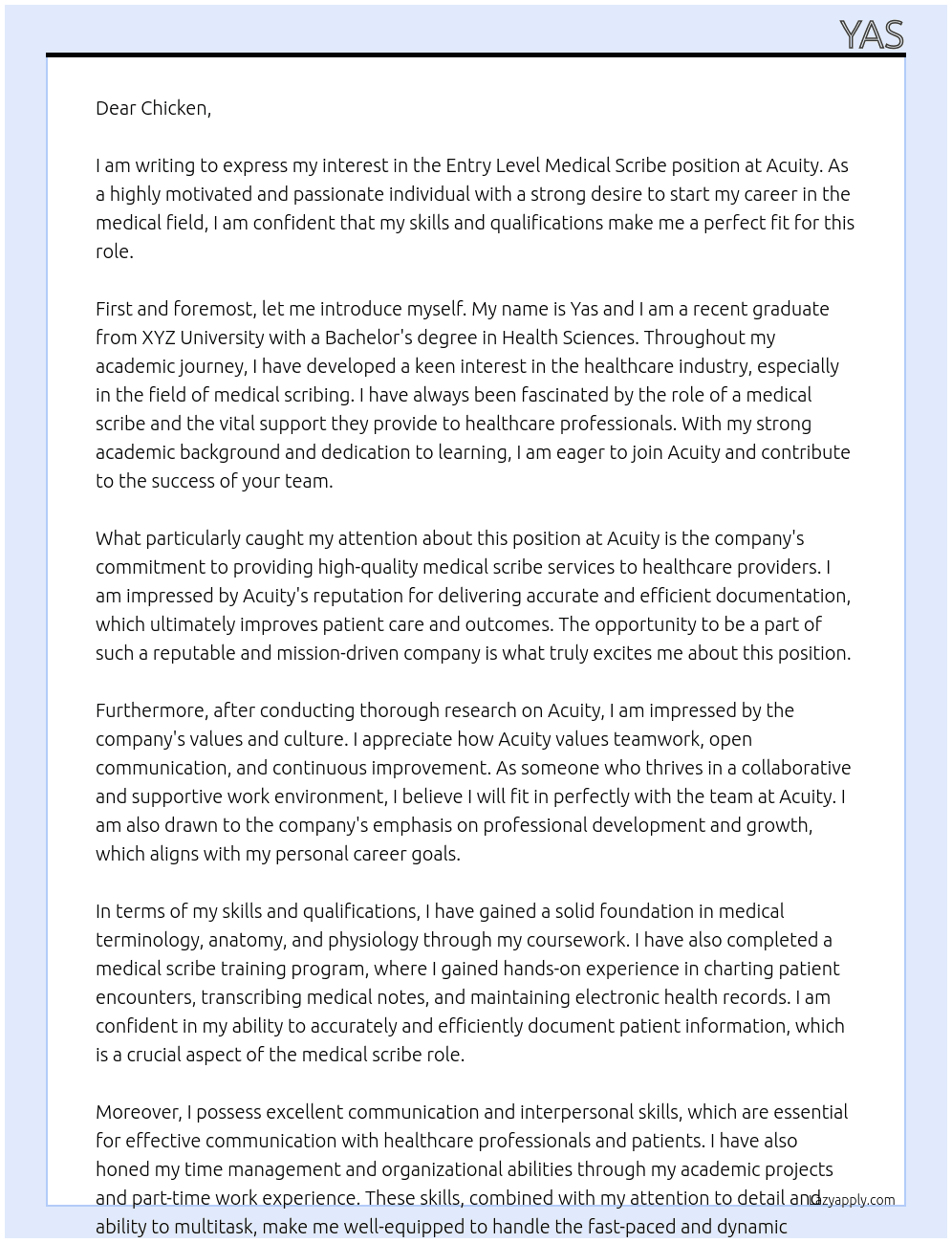 Entry level medical scribe  At Acuity  Cover Letter