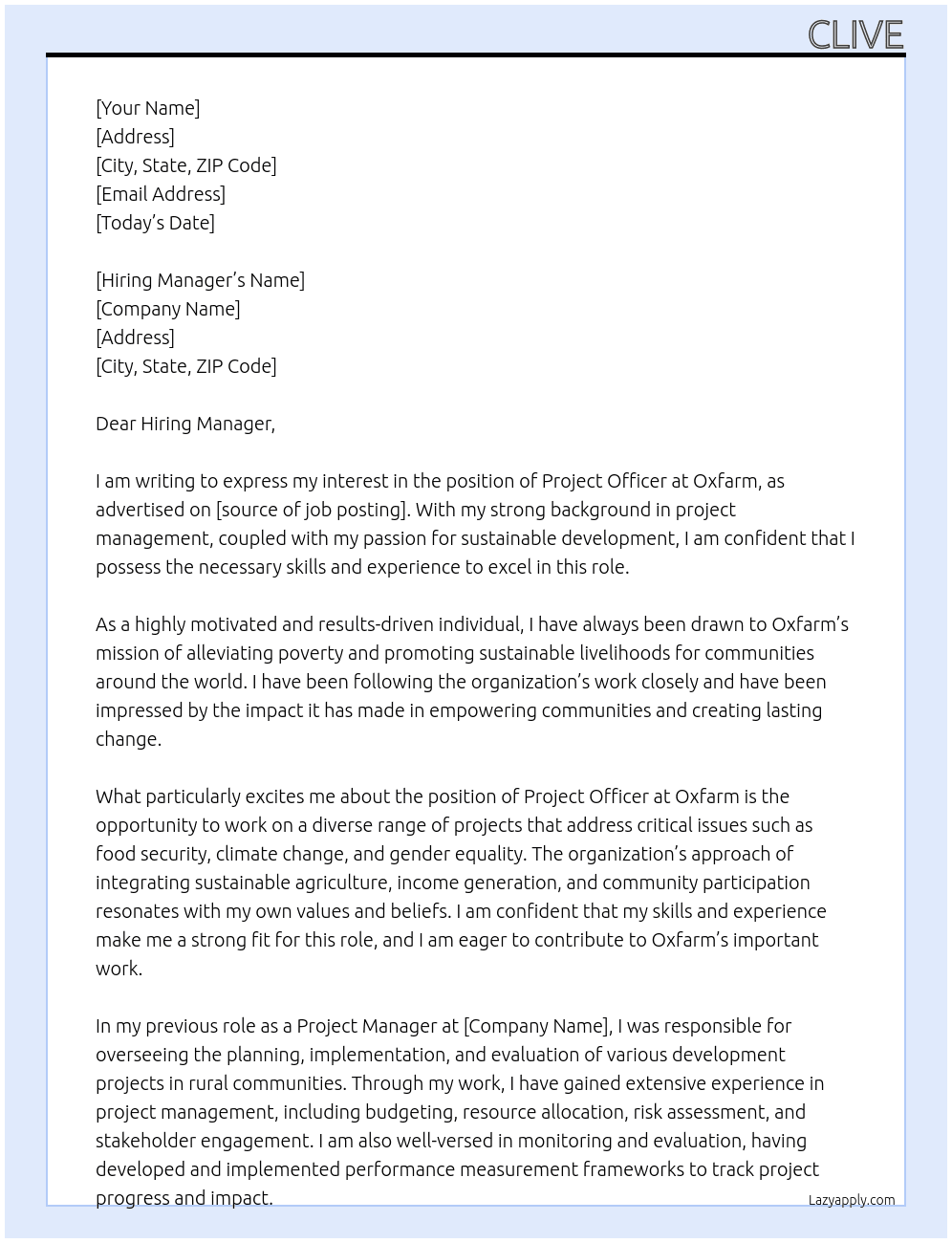 Project Officer At Oxfarm Cover Letter