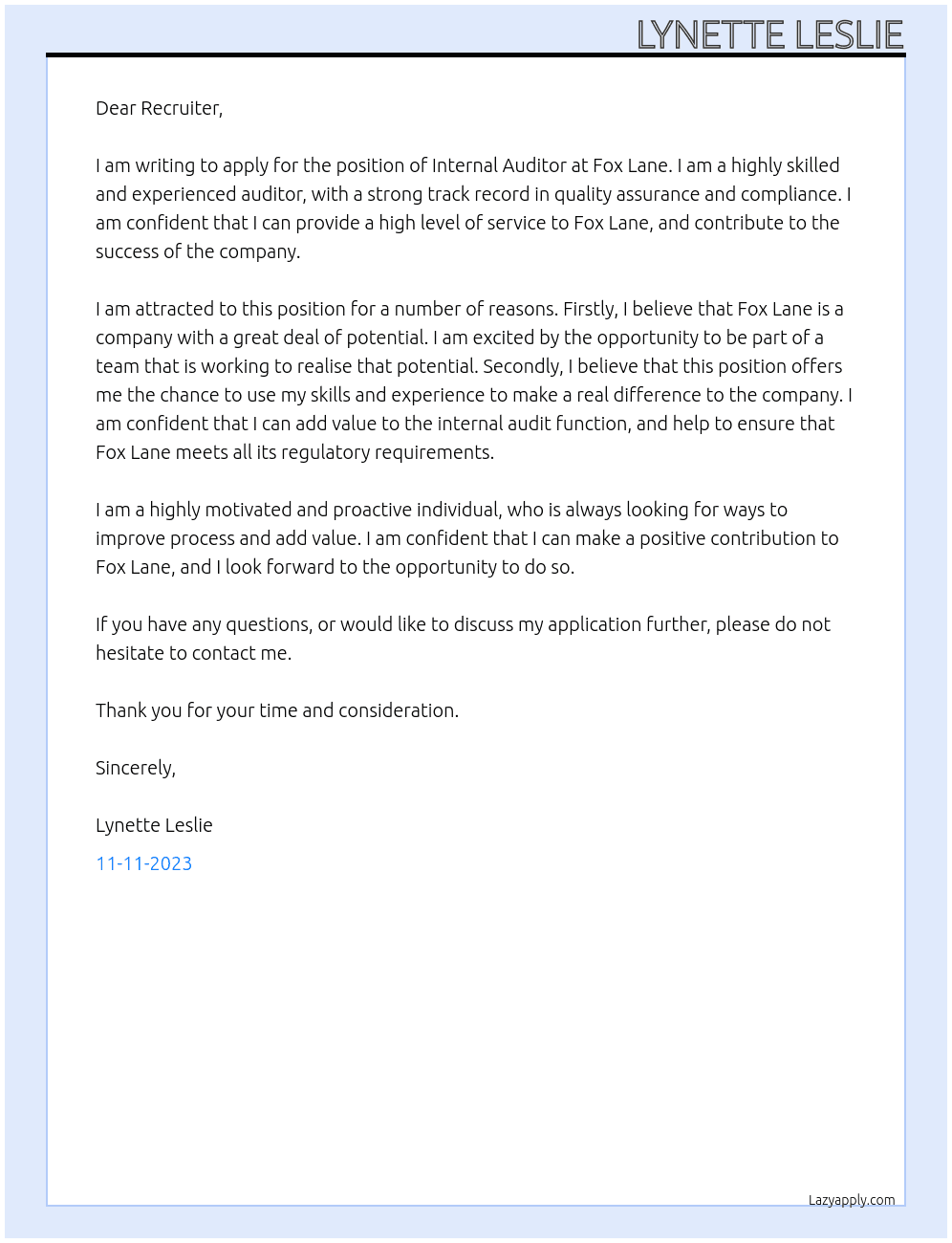 INTERNAL AUDITOR At Fox Lane Cover Letter