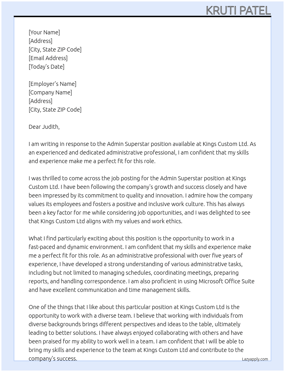 Admin Superstar At Kings Custom Ltd Cover Letter