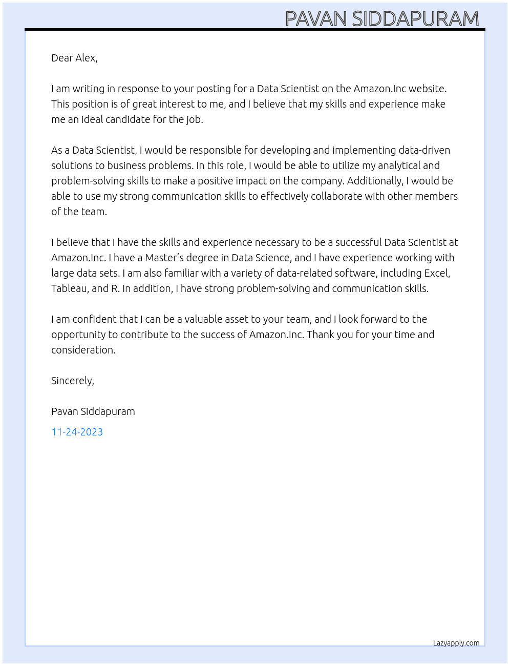 Data Scientist  At Amazon.Inc Cover Letter