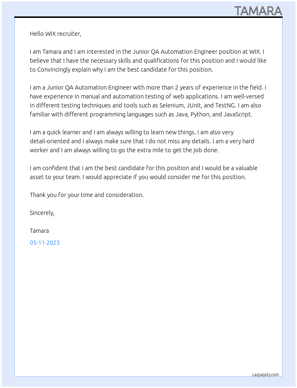 Junior QA Automation Engineer At WIX Cover Letter