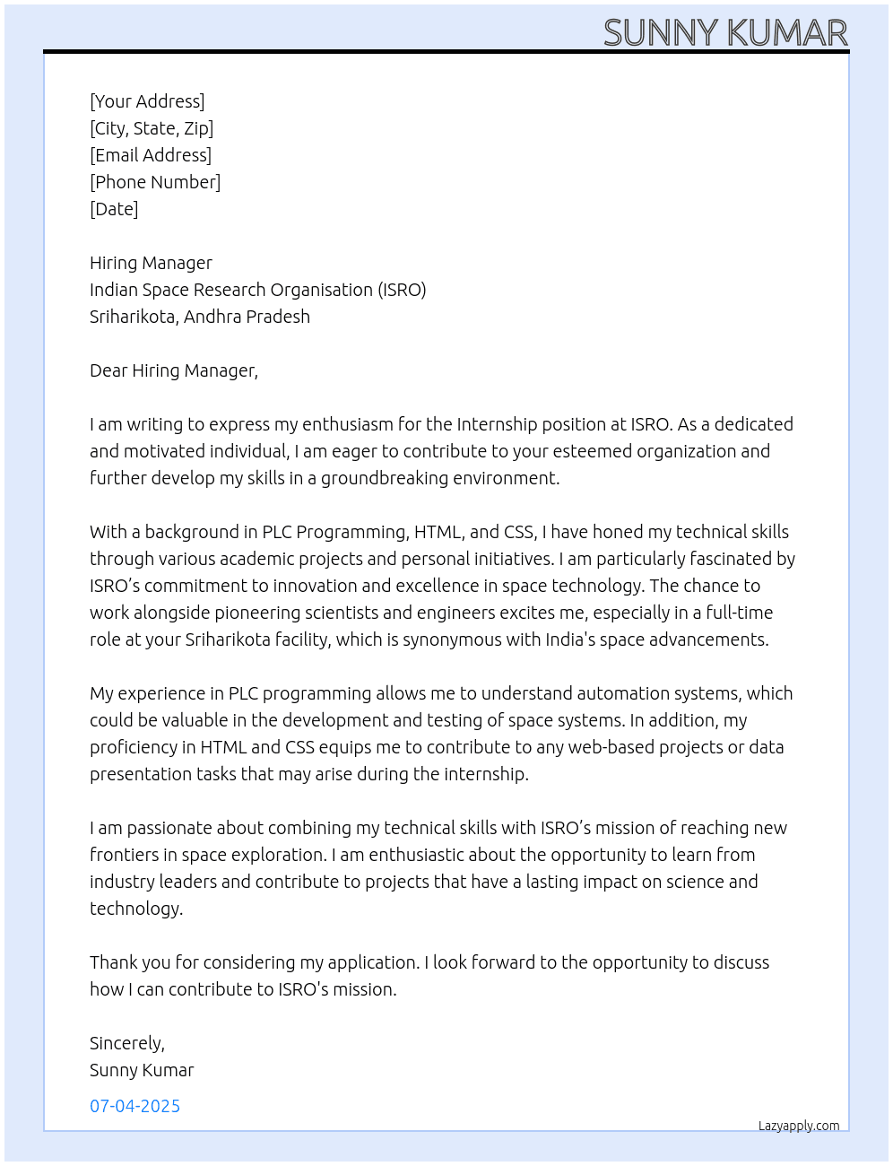 Internship  At ISRO  Cover Letter