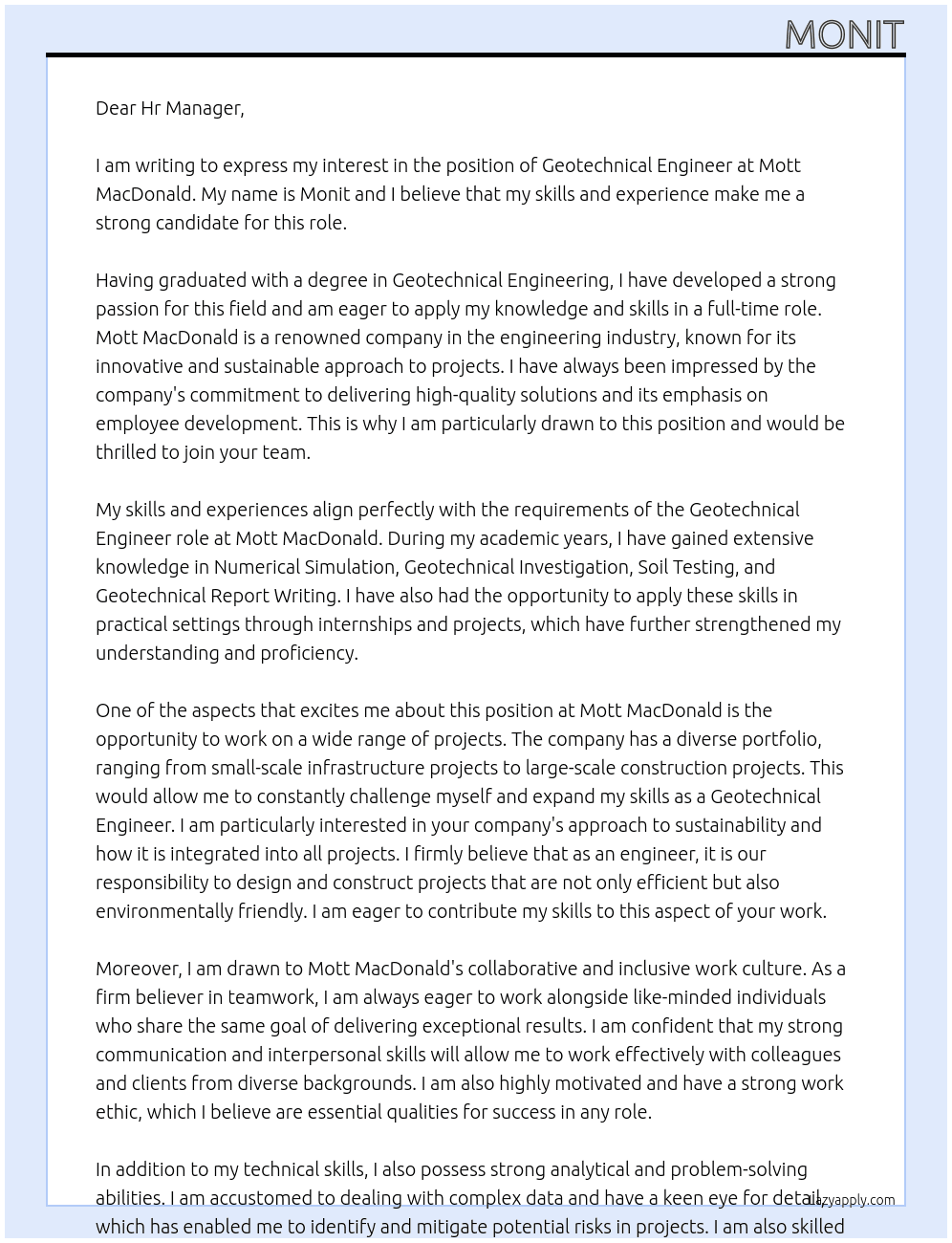 Geotechnical Engineer At Mott MacDonald  Cover Letter