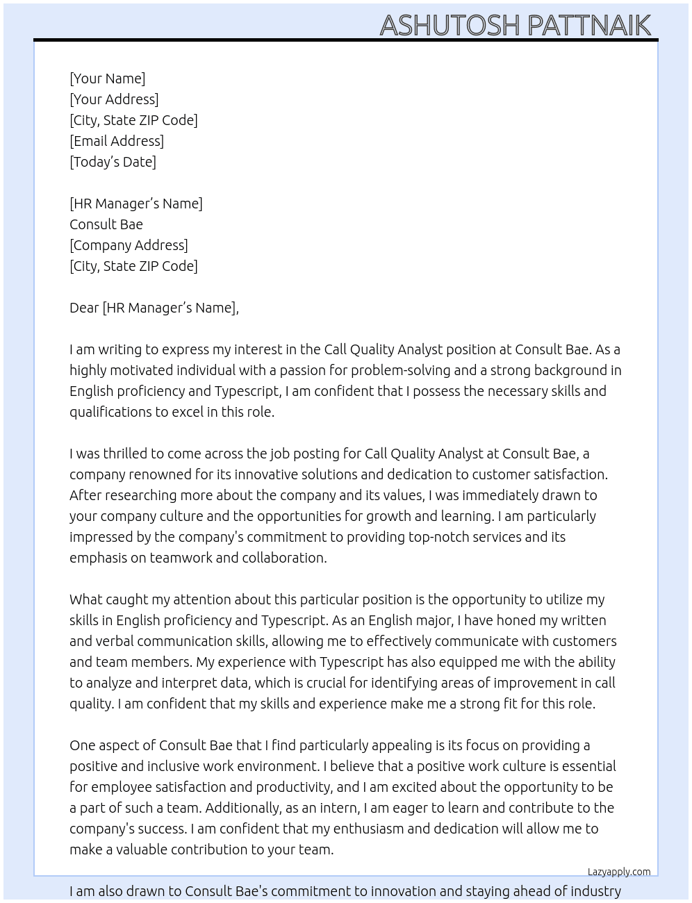 Call quality analyst  At Consult bae Cover Letter