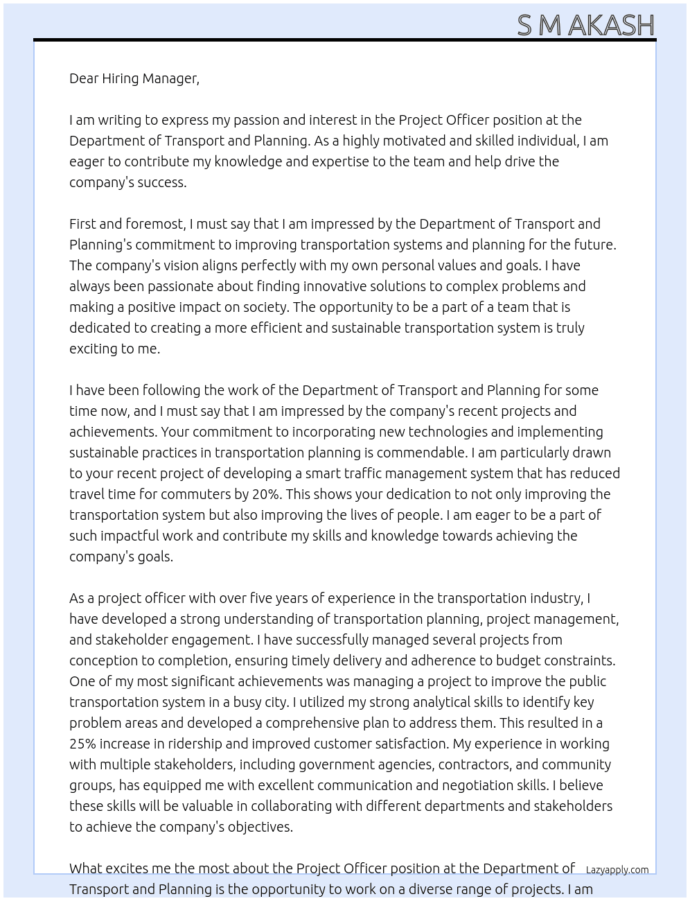Project Officer At Department of Transport and Planning Cover Letter