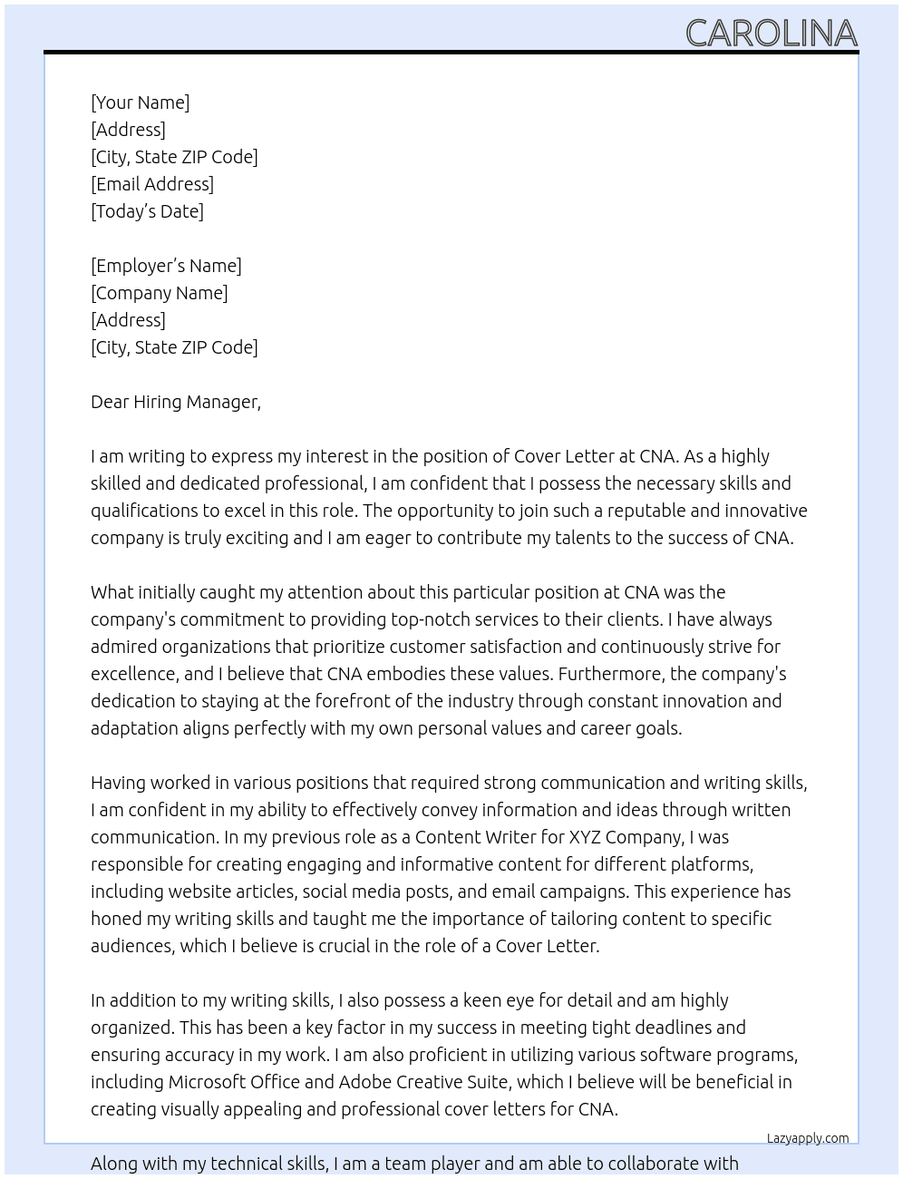 Cover letter At CNA  Cover Letter