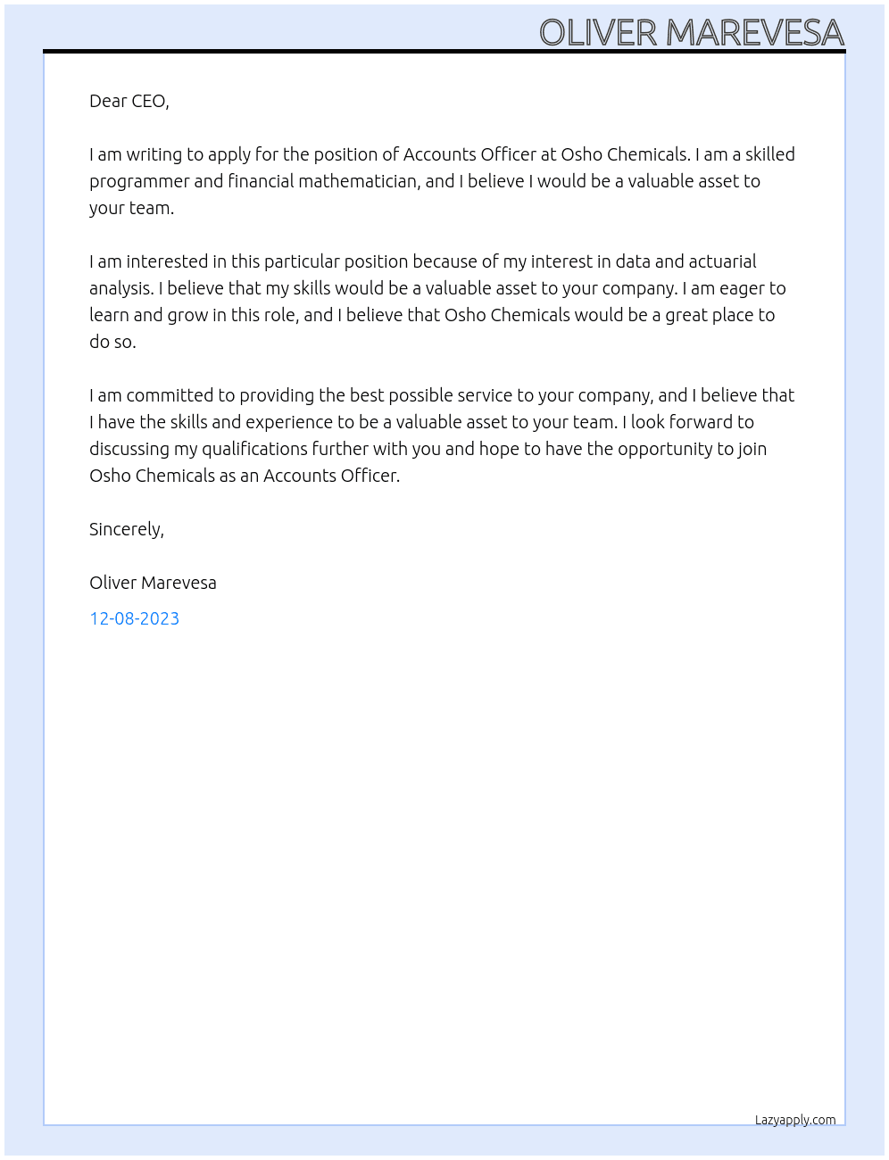 Accounts Officer At Osho Chemicals Cover Letter