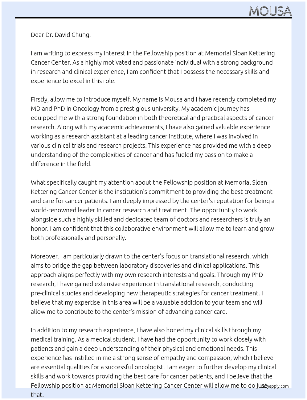Fellowship At memorial sloan kettering cancer center Cover Letter