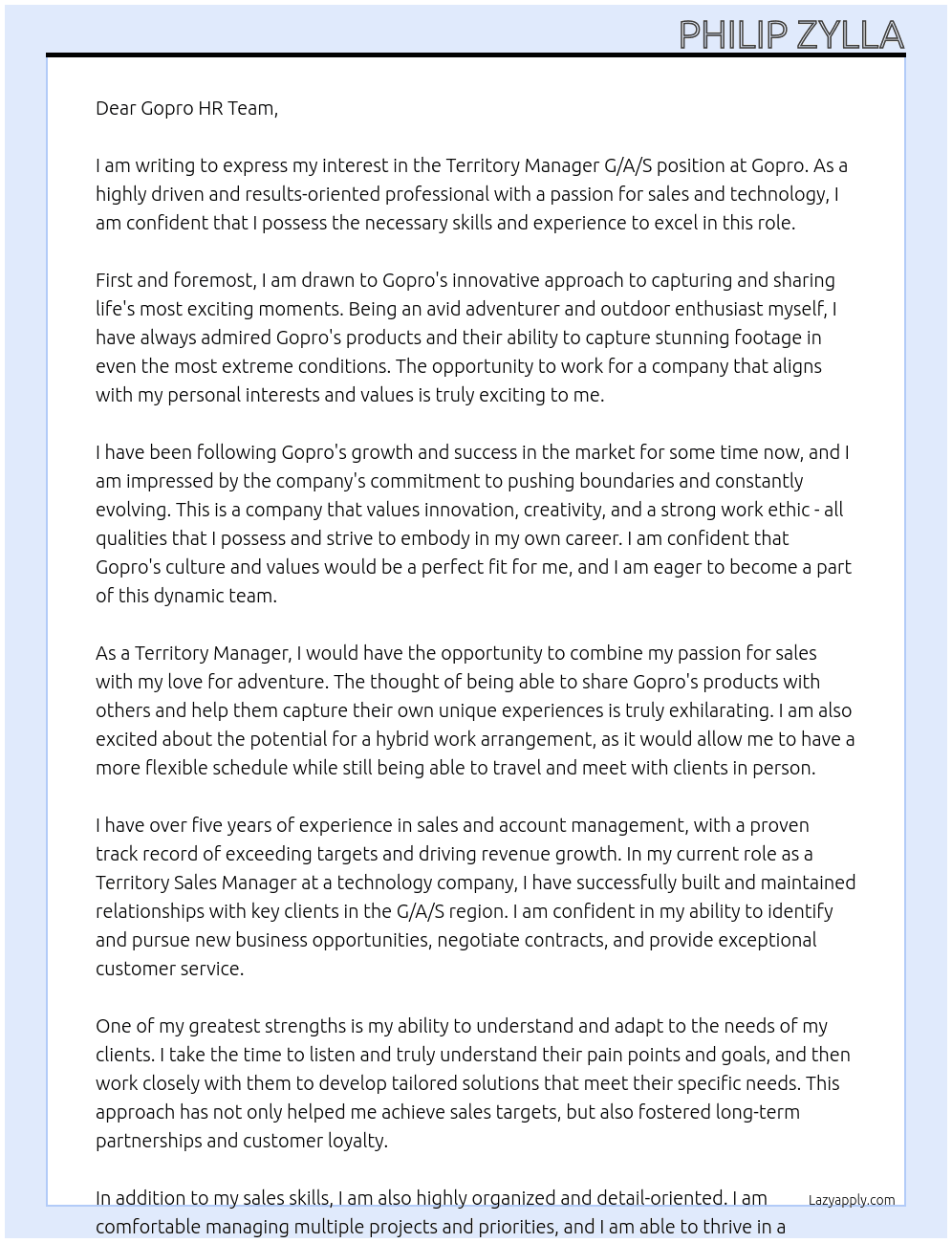 Territory Manager G/A/S At Gopro Cover Letter