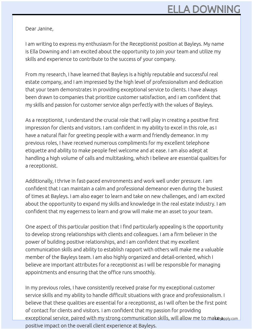 Receptionist  At Bayleys Cover Letter