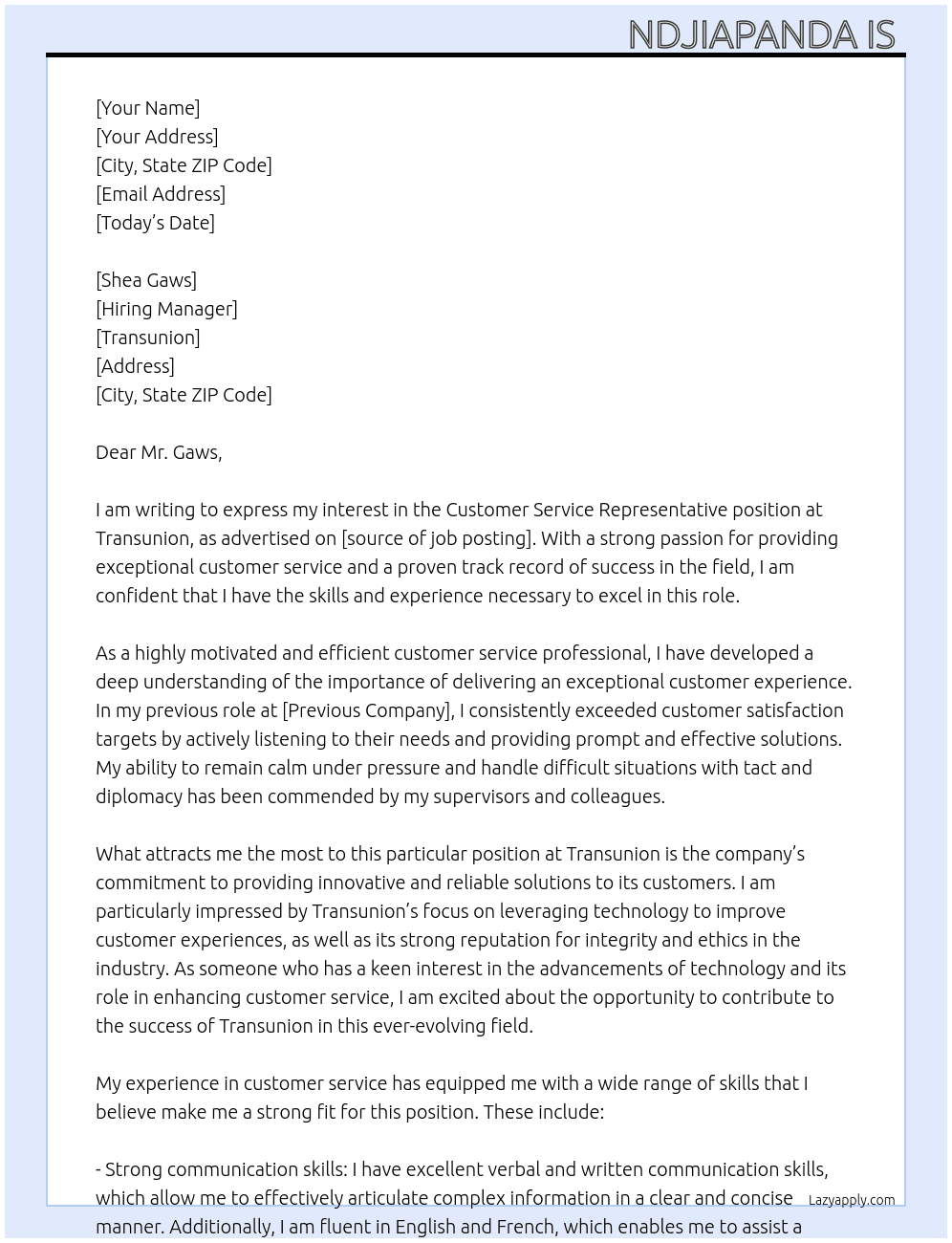 Customer service representative  At Transunion  Cover Letter