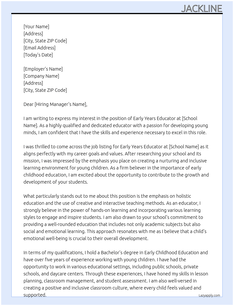  Early years educator At school Cover Letter