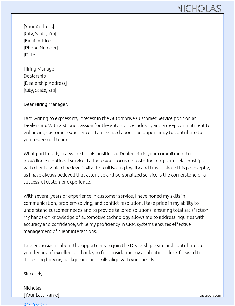 Automotiive Customer serviec  At Dealership  Cover Letter