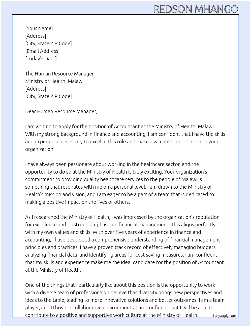 Accountant At Ministry of Health, Malawi Cover Letter