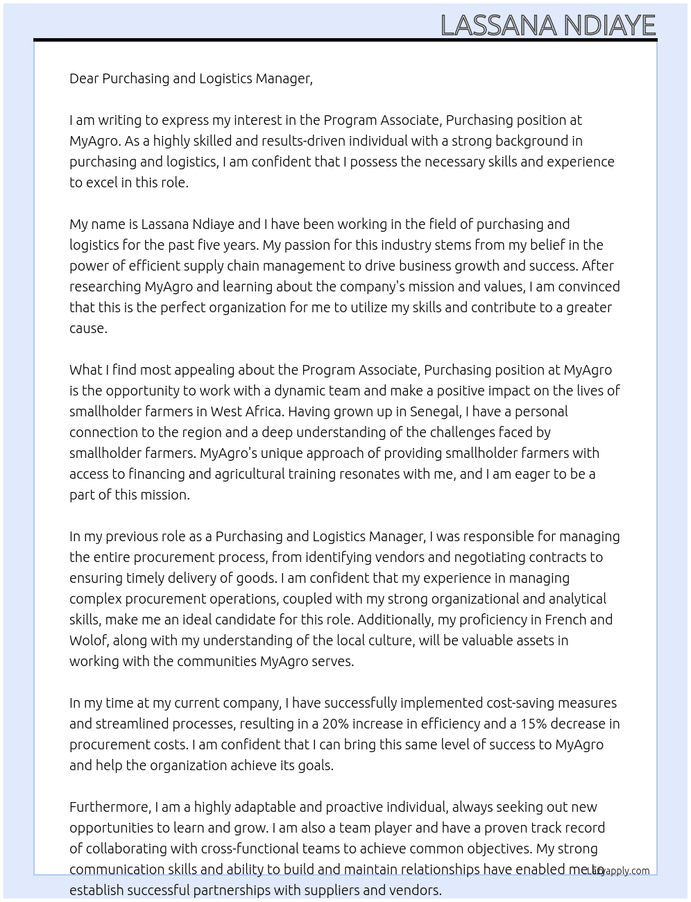 Program Associate, Purchasing At MyAgro Cover Letter