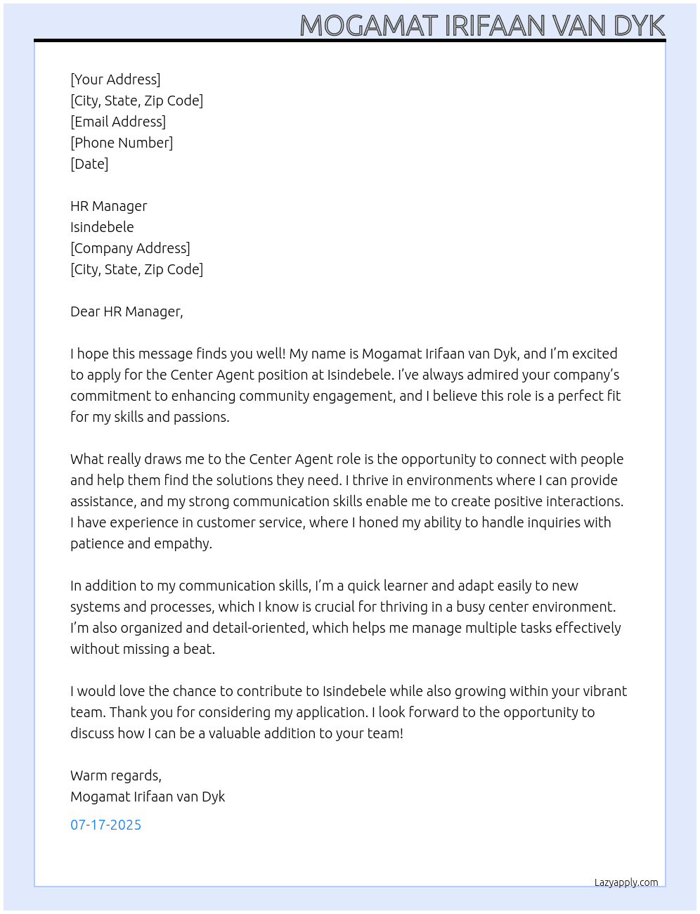 Cover letter for center agent - LazyApply
