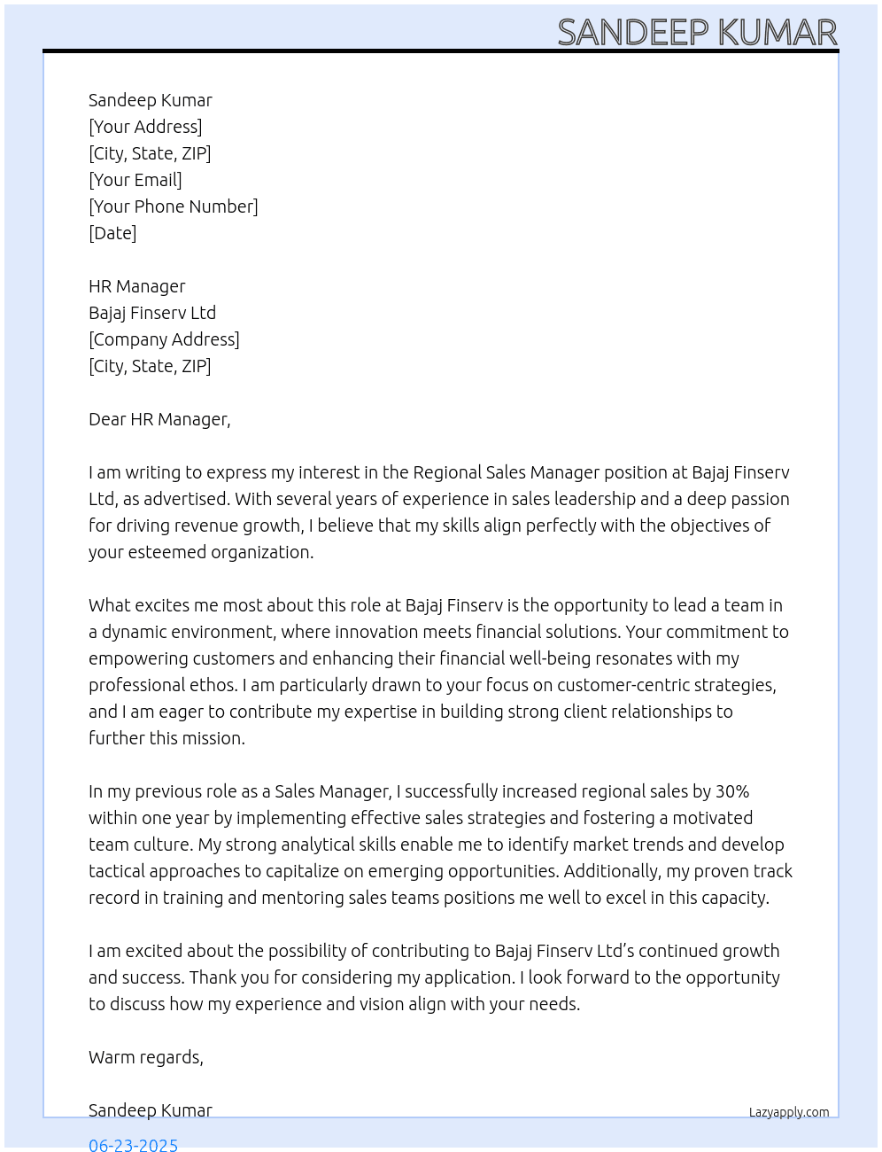Regional Sales Manager At Bajaj Finserv Ltd Cover Letter