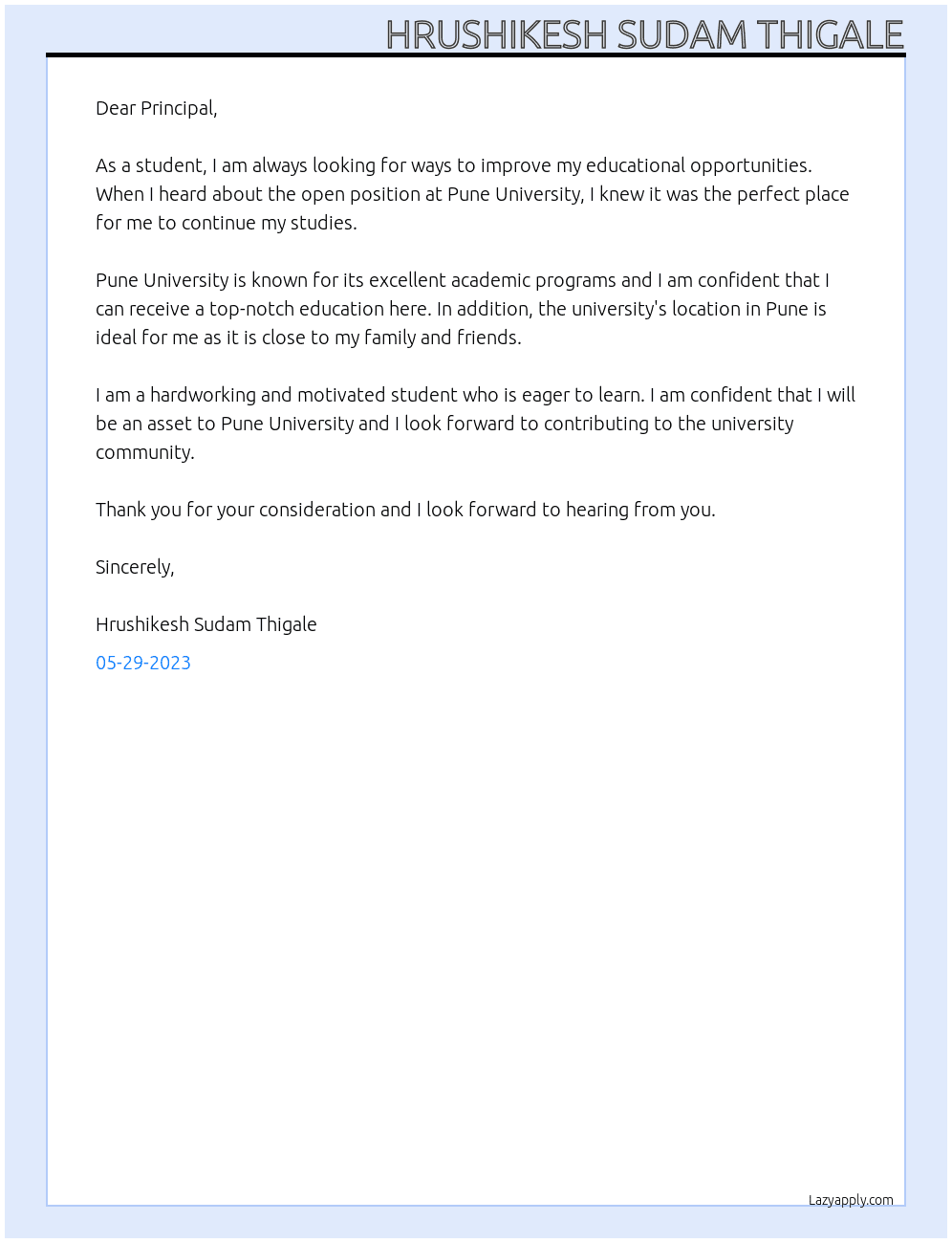 I want to change my university  At Pune University  Cover Letter